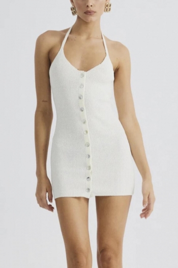 sexy slight stretch knitted single-breasted halter-neck bodycon mini dress