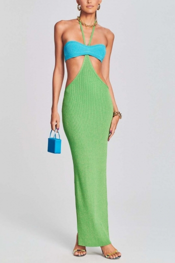 sexy slight stretch colorblock knitted halter-neck tied hollow slit maxi dress