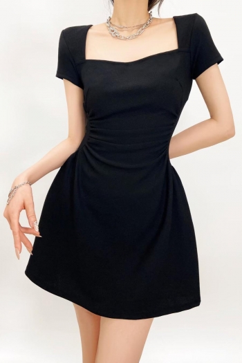 stylish non-stretch solid pleated zip-up waist zip-up mini dress size run small