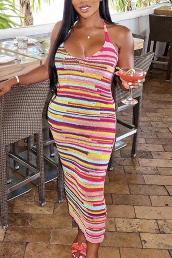 sexy slight stretch fake knitted stripe printing halter-neck bodycon midi dress