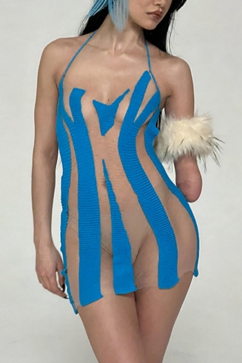 sexy slight stretch batch patchwork see-through halter slim backless mini dress