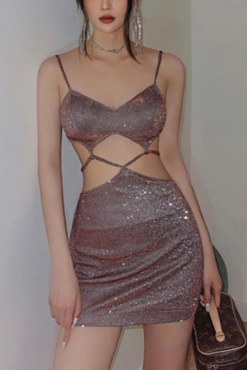 sexy slight stretch glitter hollow lace-up sling mini dress