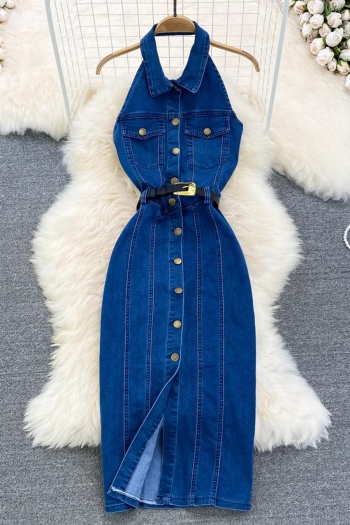 sexy non-stretch halter neck button belt slim backless midi denim dress