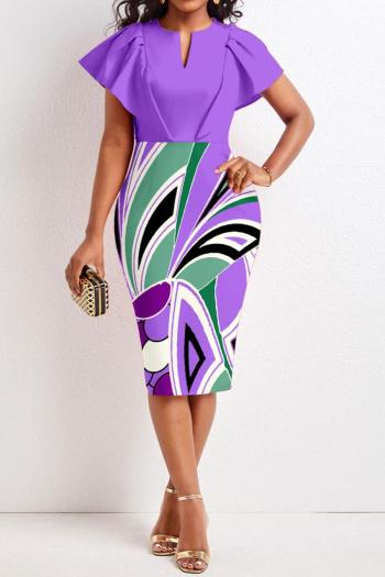 sexy plus size slight stretch fixed printing v-neck slit midi dress