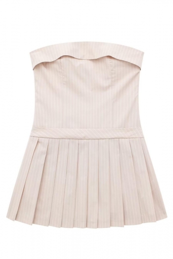 sexy non-stretch stripe print strapless zip-up pleated mini dress size run small