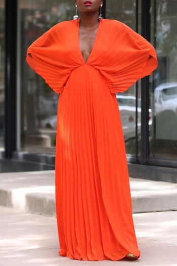 sexy plus size non-stretch solid color deep v-neck pleated maxi dress