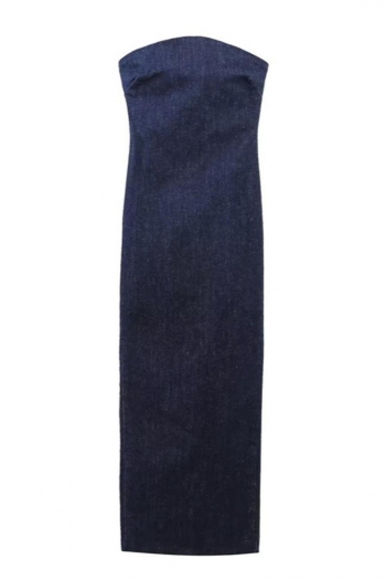 sexy slight stretch denim tube design zip-up slit maxi dress