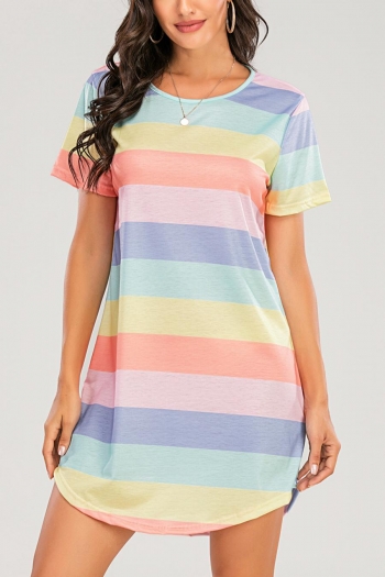 casual plus size slight stretch multicolor stripe batch printing mini dress