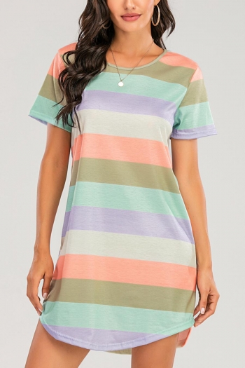casual plus size slight stretch rainbow stripe batch printing mini dress