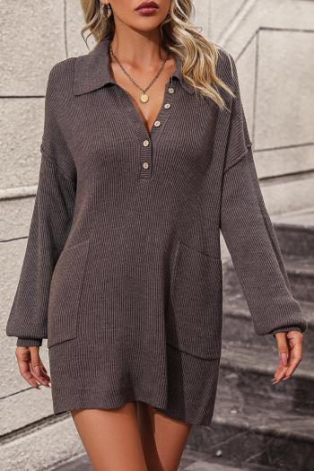 casual slight stretch knitted pure color turndown collar long sleeve mini dress
