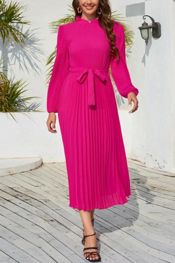 casual plus size non-stretch 4 colors long sleeve pleated midi dress with belt