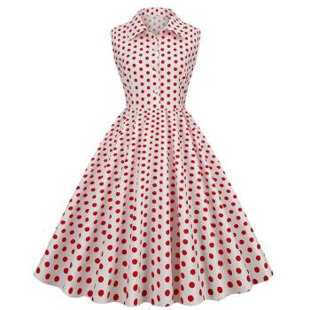 stylish plus size non-stretch 3-colors zip-up button polka dot print midi dress
