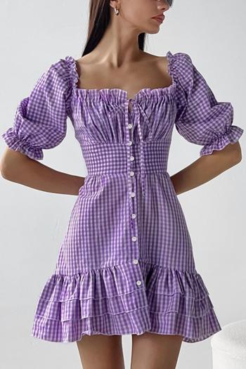 stylish non-stretch lattice printing square-neck single-breasted mini dress
