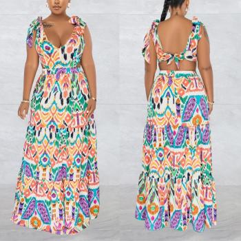 Sexy plus-size slight stretch batch printing bandage backless maxi dress