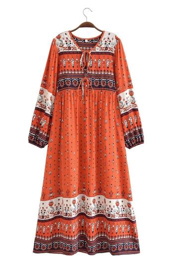 casual non-stretch ethnic style fixed printing crew neck lace-up maxi dress