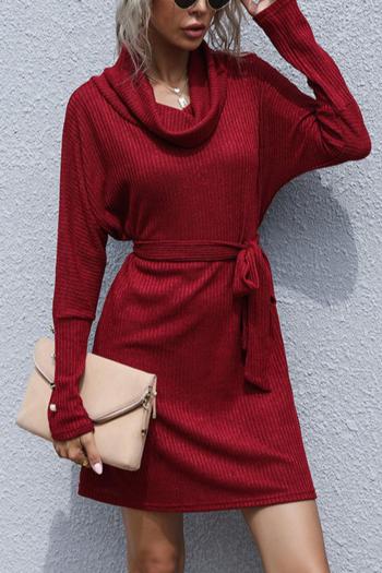 casual slight stretch ribbed knit solid color with belt mini dress