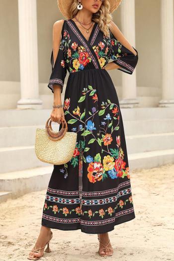casual plus size non-stretch floral batch printing hollow slit maxi dress