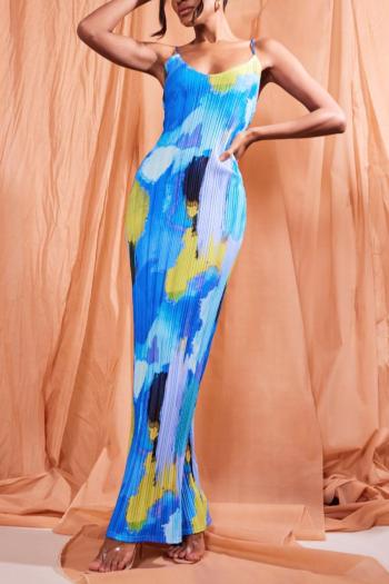 sexy slight stretch sling backless tie-dye printing pleated maxi dress#1