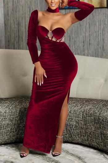 sexy plus-size velvet mesh one shoulder with neck ring high slit maxi dress