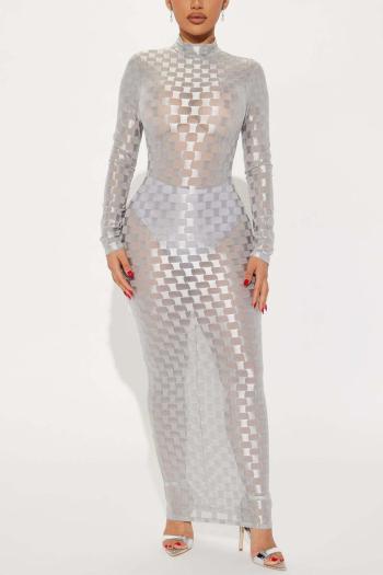 sexy slight stretch plaid print see-through slim maxi dress