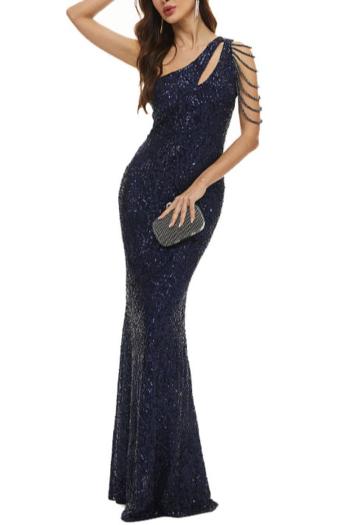 elegant plus size non-stretch one shoulder sequin beads zip-up maxi dress