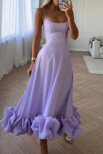 elegant non-stretch solid color sling zip-up midi evening dress