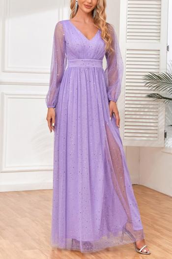 elegant non-stretch mesh sequin zip-up slit maxi evening dress