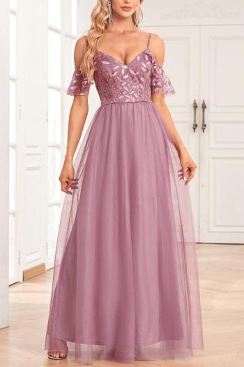 elegant non-stretch mesh embroidery sequin zip-up maxi evening dress