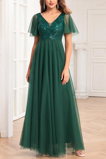 elegant non-stretch mesh sequins zip-up a-line maxi evening dress