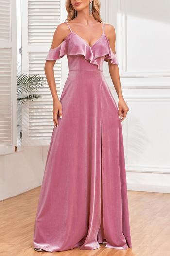elegant non-stretch velvet sling zip-up high slit maxi evening dress