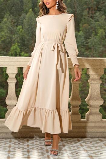 casual non-stretch solid color 9-colors belt long-sleeved maxi dress