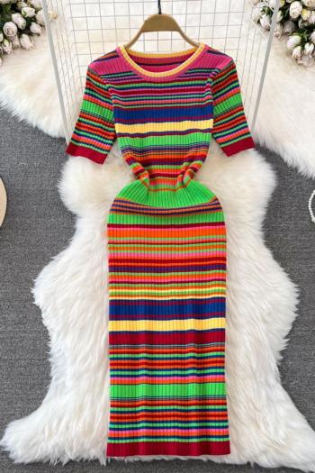 sexy slight stretch multicolor striped slim short sleeve midi dress