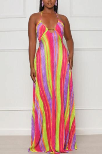 Sexy plus size non-stretch multicolor striped halter neck backless maxi dress