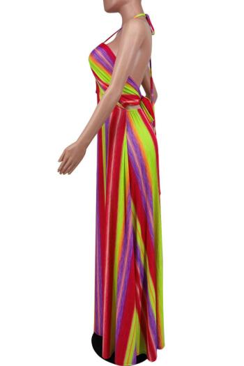 Sexy plus size non-stretch multicolor striped halter neck backless maxi dress