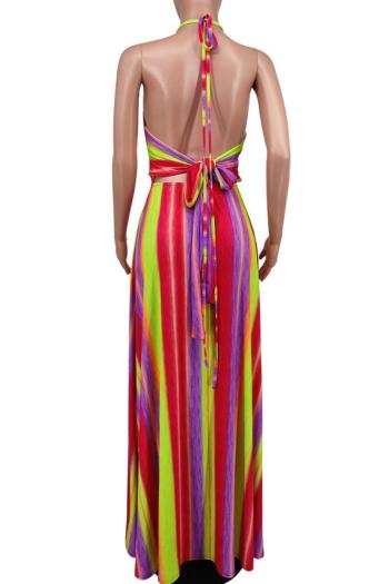 Sexy plus size non-stretch multicolor striped halter neck backless maxi dress