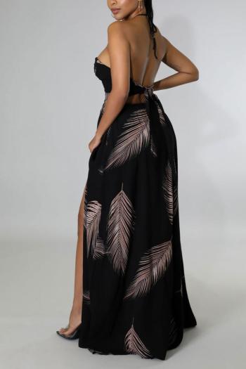 Sexy plus-size slight stretch feather batch printing slit hollow maxi dress
