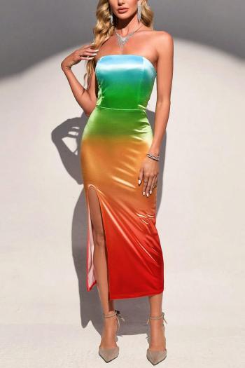 sexy slight stretch satin gradient color tube design high slit midi dress