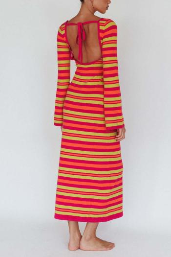 stylish slight stretch stripe knitted two colors backless lace-up midi dress
