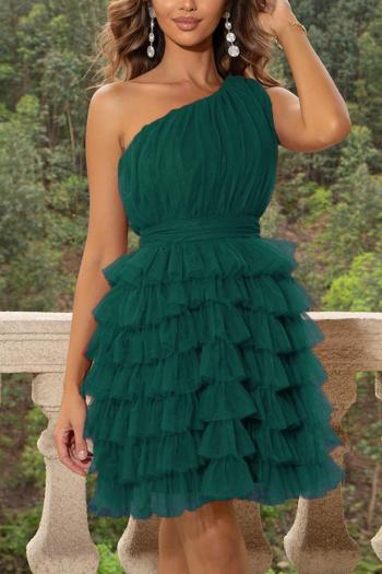 elegant non-stretch solid color one-shoulder mesh pleated mini dress