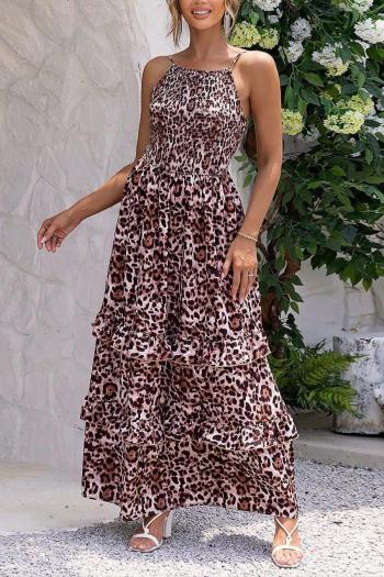 casual slight stretch sling shirring leopard batch printing maxi dress