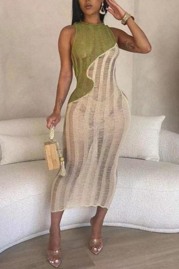 sexy plus size slight stretch knitted see-through contrast color maxi dress
