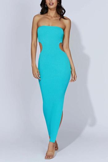 sexy slight stretch knitted pure color tube design hollow slit maxi dress