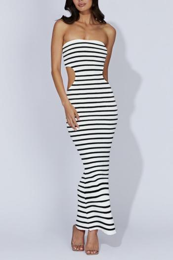 sexy slight stretch stripe knitted tube design hollow slit maxi dress