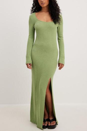 sexy slight stretch knitted pure color square-neck slit maxi dress