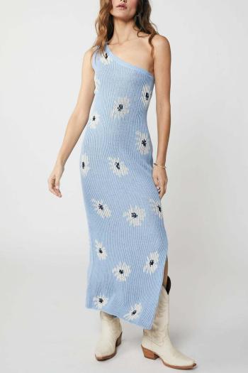 sexy slight stretch flower graphic knitted one shoulder slit maxi dress
