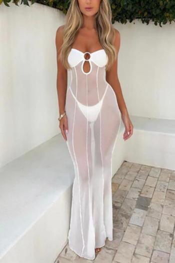 sexy slight stretch solid color strapless hollow mesh see-through maxi dress