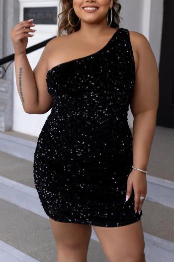 sexy plus size non-stretch one shoulder sequins backless slim mini dress