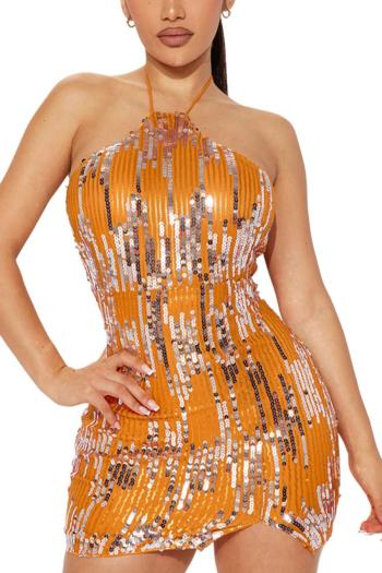 sexy plus size non-stretch halter neck sequins slim zip-up backless mini dress