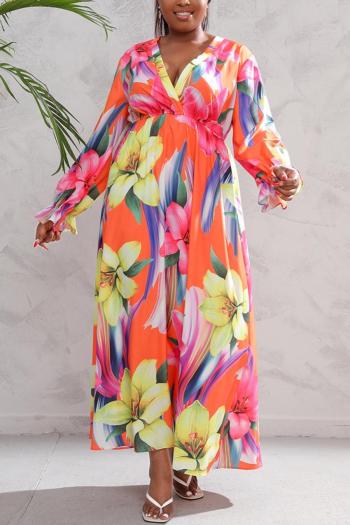 sexy plus size non-stretch flower batch printing deep v maxi dress