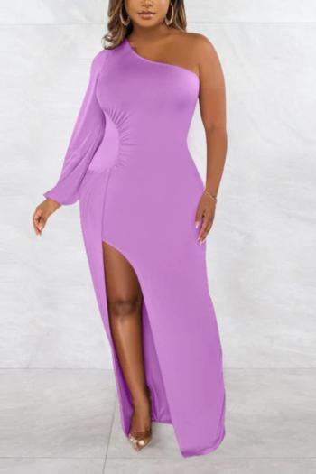sexy plus size slight stretch solid one shoulder hollow sleeves slit maxi dress